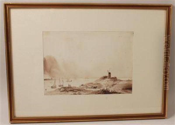 A Coastal Landscape With Sailing Boats And A Mill In The Foreground Oil Painting by Theodore Gudin