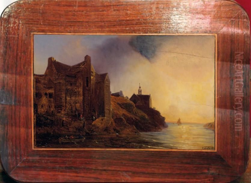 Chapelle En Bord De Mer Au Soleilcouchant Oil Painting by Theodore Gudin