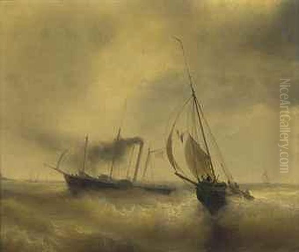 A Paddle Steamer Passing A French Fishing Vessel In Roughwaters Oil Painting by Theodore Gudin