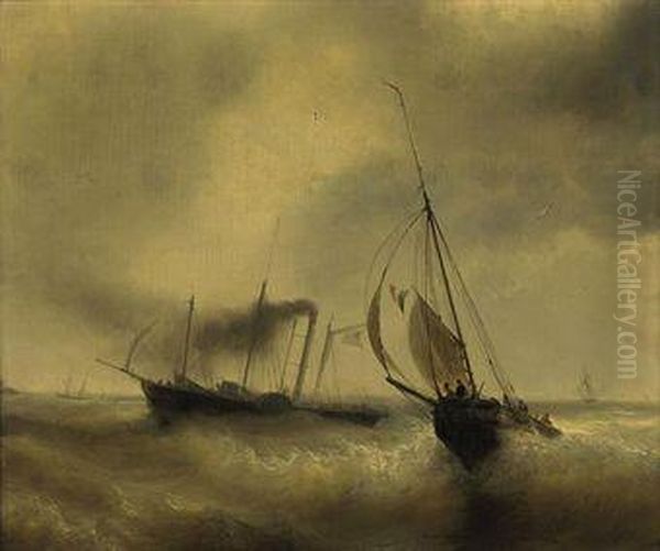 A Paddle Steamer Passing A French Fishing Vessel In Rough Waters Oil Painting by Theodore Gudin