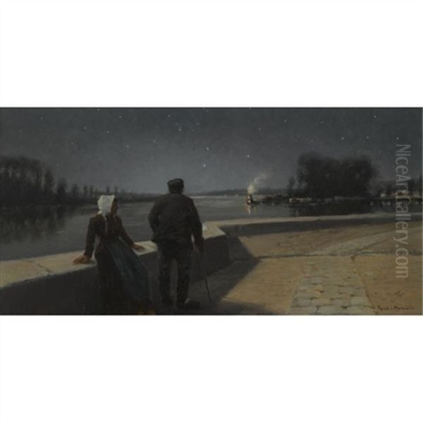 Nacht An Der Seine Bei Samois (the Seine By Night Near Samois) Oil Painting by Theodor von Hoermann