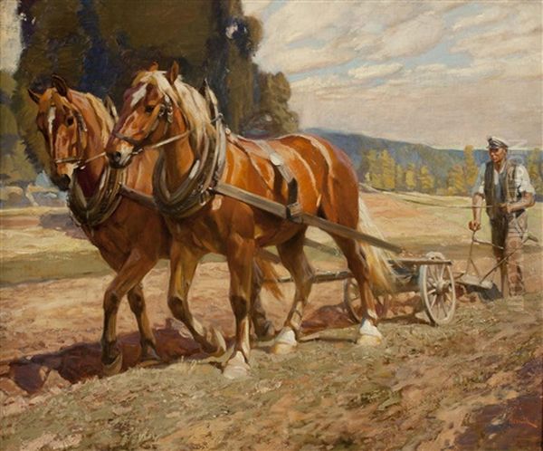 Beim Ziehen Der Furchen Oil Painting by Frantisek Hornik-Lansky