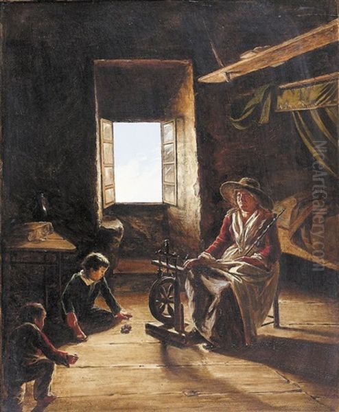 Interieur Mit Betagter Spinnerin Und Spielenden Kindern Oil Painting by Joseph Hornung