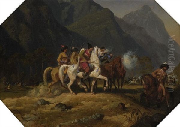 Reitergefecht Mit Tscherkessen In Kaukasien Oil Painting by Theodor Horschelt