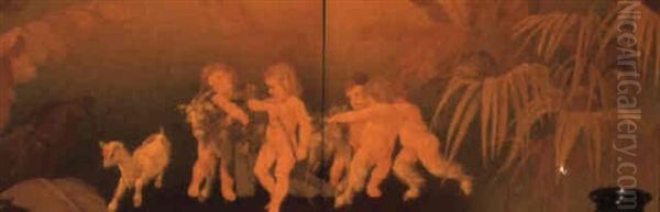 A Goat Carrying Grapes Surrounded By Three Children, Two Fawns And A Lamb Oil Painting by Robert Bruce Horsfall