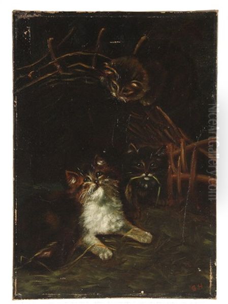 Three Cats Playing Around Basket In Hay Oil Painting by George Edward Horton