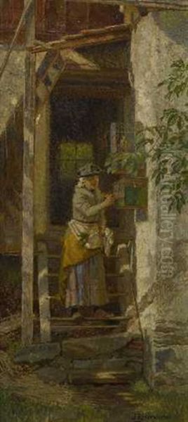 Bauerin Beim Vogelfuttern Oil Painting by Joseph Eugen Hoerwarter