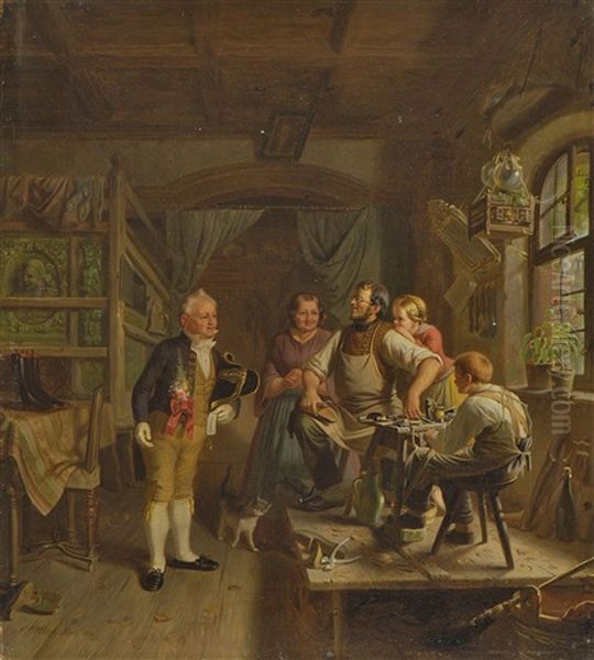Der Hochzeitslader In Der Schusterwerkstatt Oil Painting by Friedrich Carl Hoesch