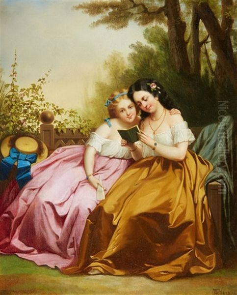 Two Girls Reading Oil Painting by Theodor Hosemann