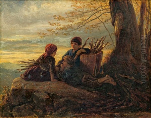 Drei Kinder Beim Holzsammeln Oil Painting by Theodor Hosemann