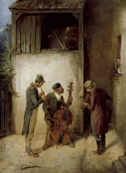Das Standchen - Stehgeiger, Cellist Und Klarinettenspieler Vor Dem Fenster Einer Jungen Frau Oil Painting by Theodor Hosemann