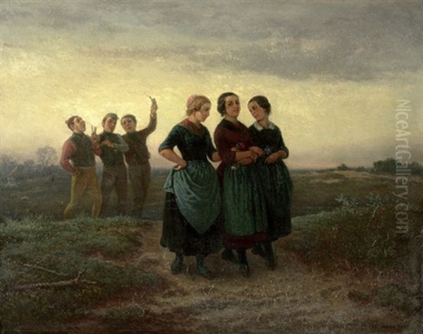 Junge Burschen Werben Um Madchen In Einer Dreiergruppe Oil Painting by Theodor Hosemann