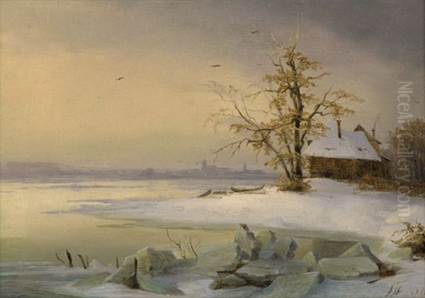 Blick Uber Die Havel Auf Das Winterliche Brandenburg Oil Painting by Theodor Hosemann