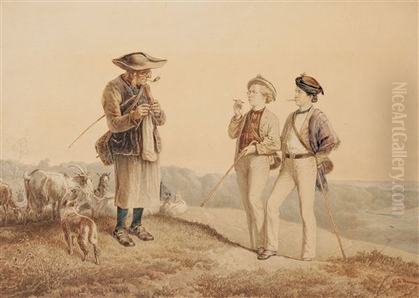 Landschaft Mit Ziegen, Altem Mann Und Zwei Zigarrenrauchenden Junglingen Oil Painting by Theodor Hosemann