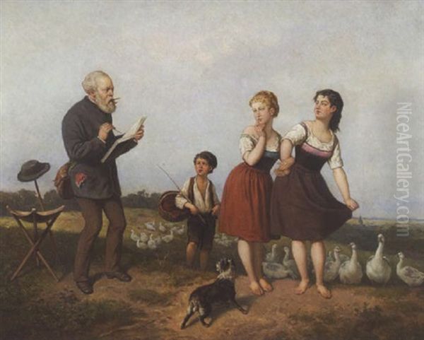 Ein Maler, Der Zwei Landmadchen In Sein Skizzenbuch Zeichnet Oil Painting by Theodor Hosemann