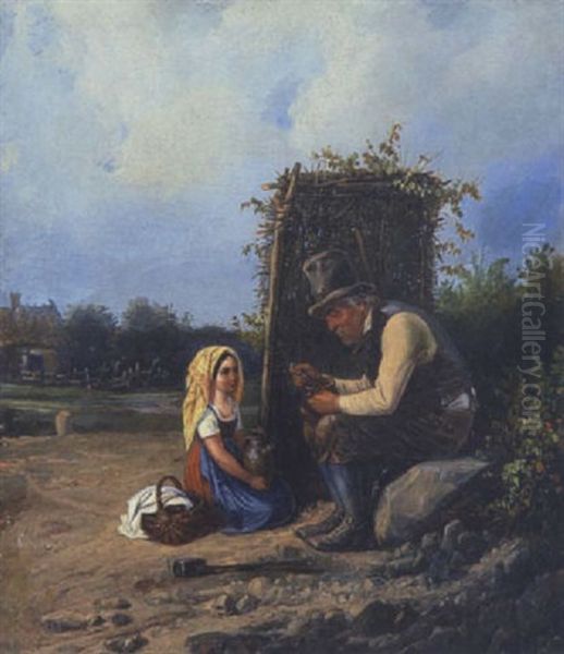 Grosvater Und Enkelin Auf Dem Feld Oil Painting by Theodor Hosemann