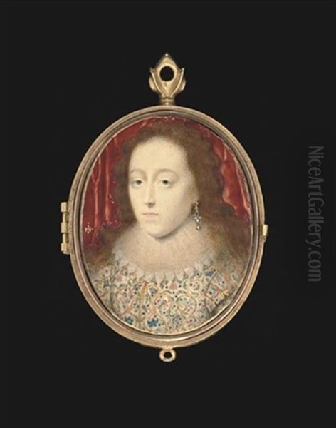 A Young Lady, In Multi-coloured Floral And Gold-embroidered White Dress With Lace-bordered Gauze Ruff Oil Painting by John Hoskins the Elder