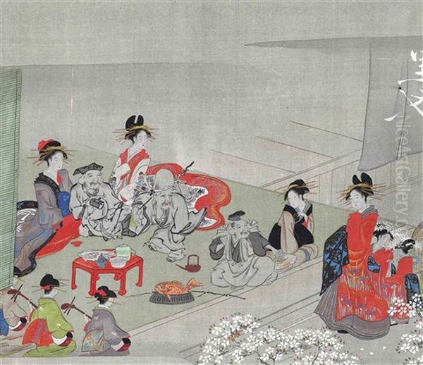 Gods Of Happiness Visiting The Yoshiwara Oil Painting by Eishi Hosoda