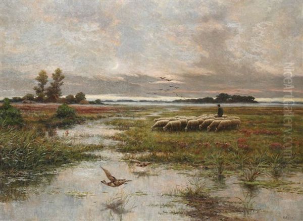 Bergers Aux Moutons Au Coucher De Soleil Oil Painting by Henri Houben