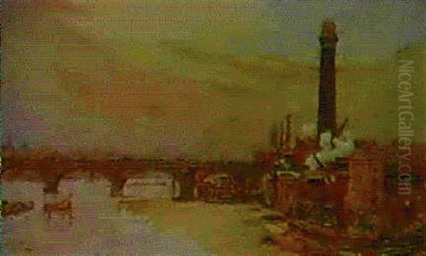 Londres, Pont Sur La Tamise Et Cathedrale St-paul Oil Painting by Frederic Anatole Houbron