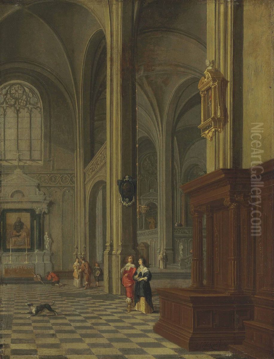 A Gothic Church Interior With Elegant Figures Oil Painting by Gerard Houckgeest
