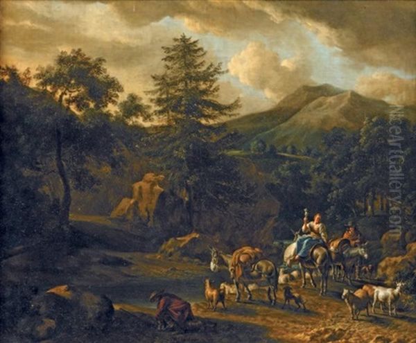 Couple De Bergers Sur Leurs Mules Dans Un Paysage Montagneux De Riviere Oil Painting by Jean Pierre Louis Houel