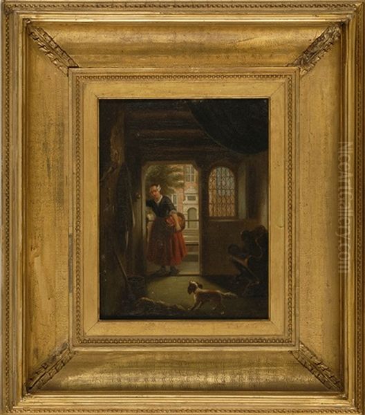 Fisherwoman And A Small Dog In An Interior Oil Painting by Bart van Hove