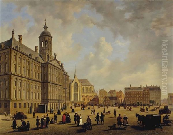 A Bustling Day In Front Of The City Hall On The Dam Square, The Nieuwe Kerk In The Distance, Amsterdam Oil Painting by Bartholomeus Johannes Van Hove