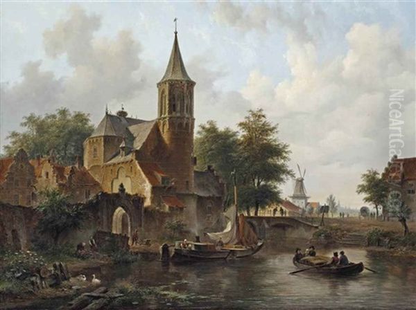 A Towns View Near A River Oil Painting by Bartholomeus Johannes Van Hove