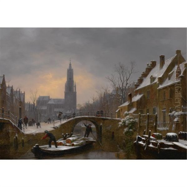 Figures On A Barge On A Canal In Delft Oil Painting by Bartholomeus Johannes Van Hove