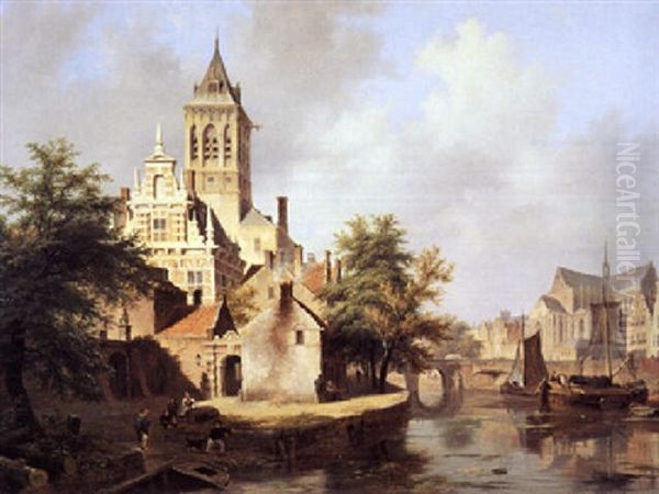 A View Of A Town Oil Painting by Bartholomeus Johannes Van Hove