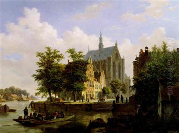 A Ferrry Crossing A Canal In Haarlem Oil Painting by Bartholomeus Johannes Van Hove