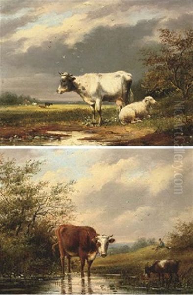 Cattle Near A Stream (+ Another; Pair) Oil Painting by George Howard