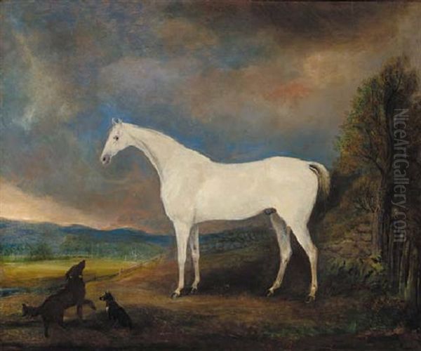 A Grey Horse With A Spaniel And A Terrier, In An Extensive Mountainous Landscape Oil Painting by James Howe