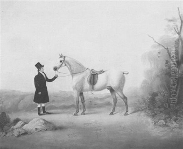 A Chestnut Held By A Groom In A Landscape Oil Painting by James Howie