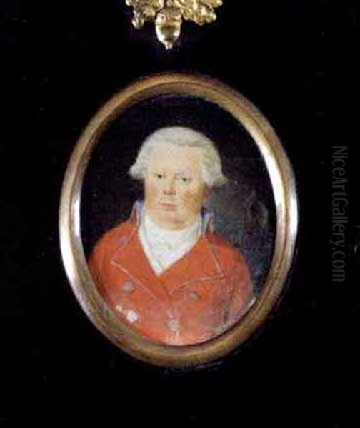 Portraet Antagelig Forestillende Billedhugger J.f. Saly I Rod Jakke Med Messingknapper, Hoj Krave Og Hvidt Halsbind Oil Painting by Cornelius Hoeyer