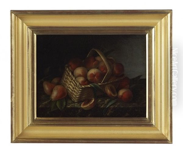 Still Life With A Basket Of Peaches On A Marble Slab Oil Painting by William H. Hoyt