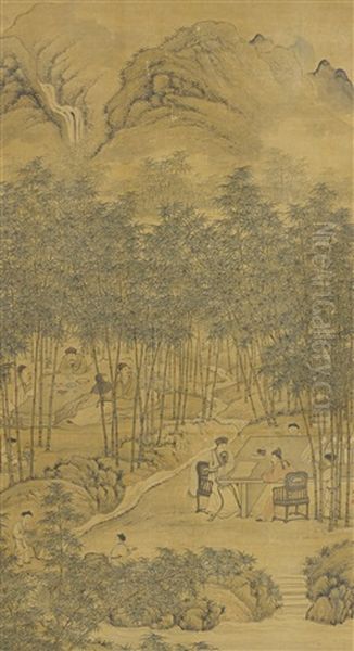 Scholars Gathering In The Bamboo Grove Oil Painting by Hua Yan