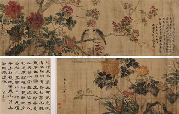 Bird With Flowers And Calligraphy Oil Painting by Hua Yan