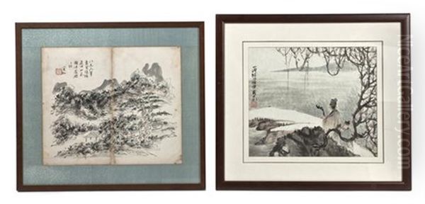 Untitled (mountainous Landscape)(+ Scholar Overlooking A Valley; 2 Works) Oil Painting by Huang Binhong