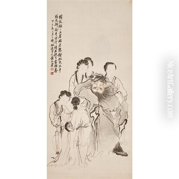 Hanging Scroll, Five Women And An Immortal, Inscription Oil Painting by Huang Shanshou