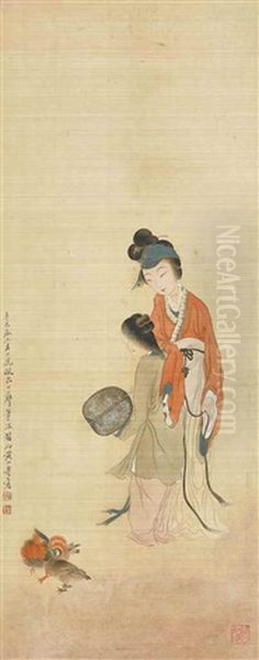 Lady Holding Fan Oil Painting by Huang Shanshou