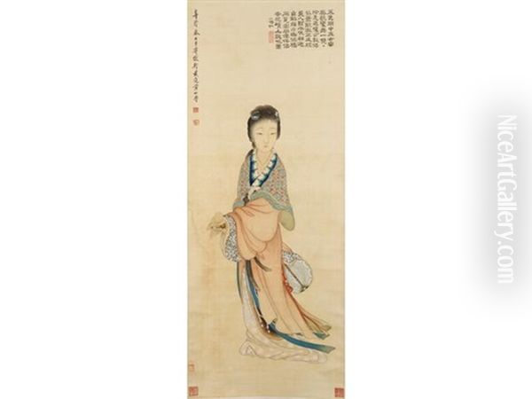 Beauty Holding A Fan Oil Painting by Huang Shanshou