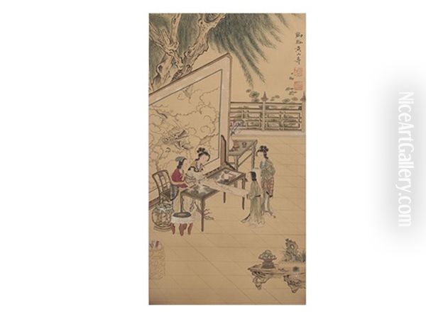 Figure Of Woman Servant Is Painting Oil Painting by Huang Shanshou