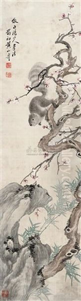 Squirrels, Plum Blossom, Bamboo And Rock Oil Painting by Huang Shanshou