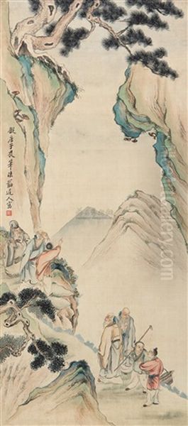 Characters With Landscape Oil Painting by Huang Shanshou