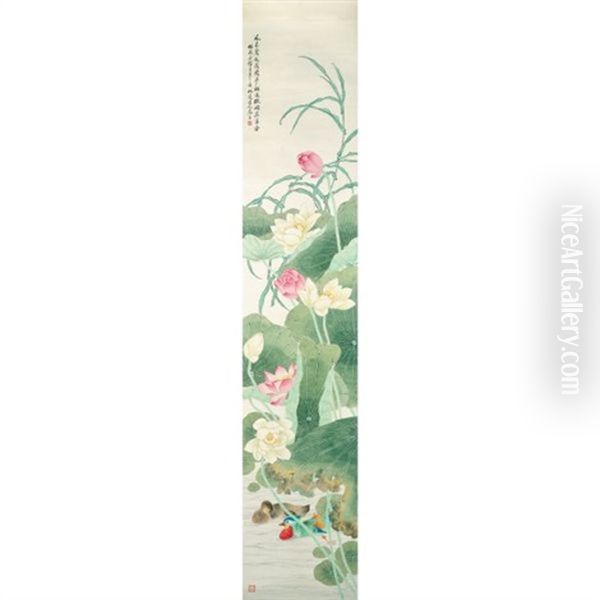 Mandarin Ducks On The Lotus Pond Oil Painting by Huang Shanshou