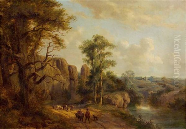 Romantische Landschaft Mit Rinderherde, Esel Und Wanderer Oil Painting by Louis Huard