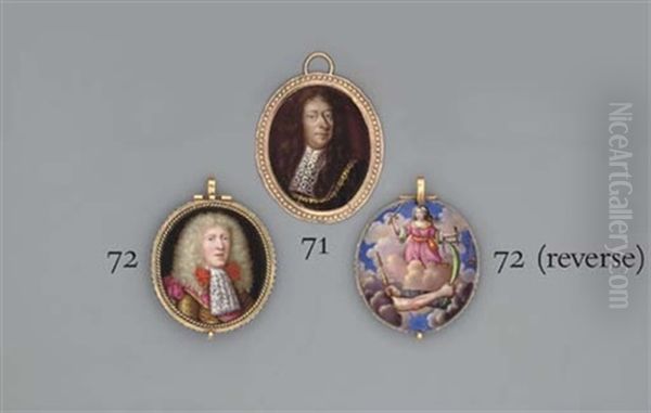 A Young German Prince, In Gold Armour With Red Lining, Lace Cravat And Large Red Bow-tie, Wearing Gold-bordered Pink Sash, Long Curling Fair Hair Oil Painting by Pierre Huaud the Younger