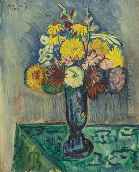 Kytice V Modre Vaze Oil Painting by Josef Hubacek